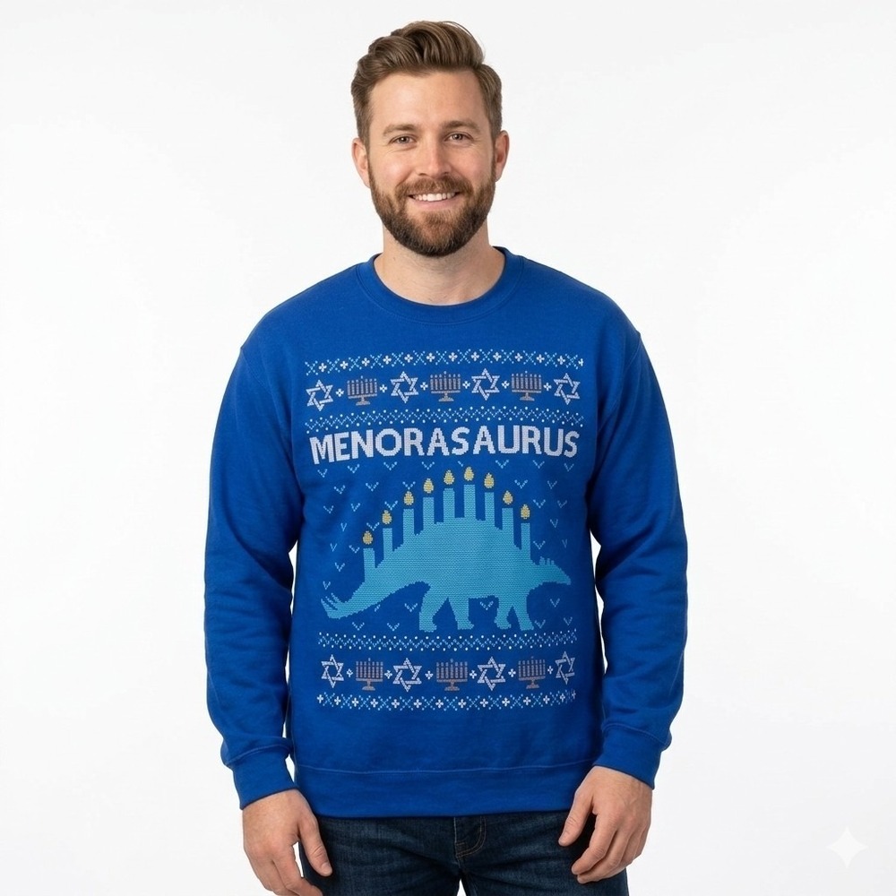 Port & Company Funny Ugly Hanukkah Sweater‎ Dinosaur Menorah Dino Sweatshirt L